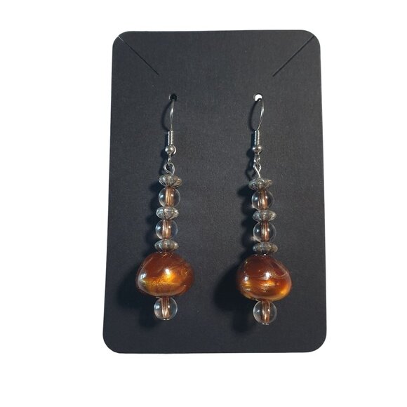 Glass Beaded Drop Earrings Dangle Hook Handcrafted Brown Round Beads Mom Gift - Picture 6 of 6